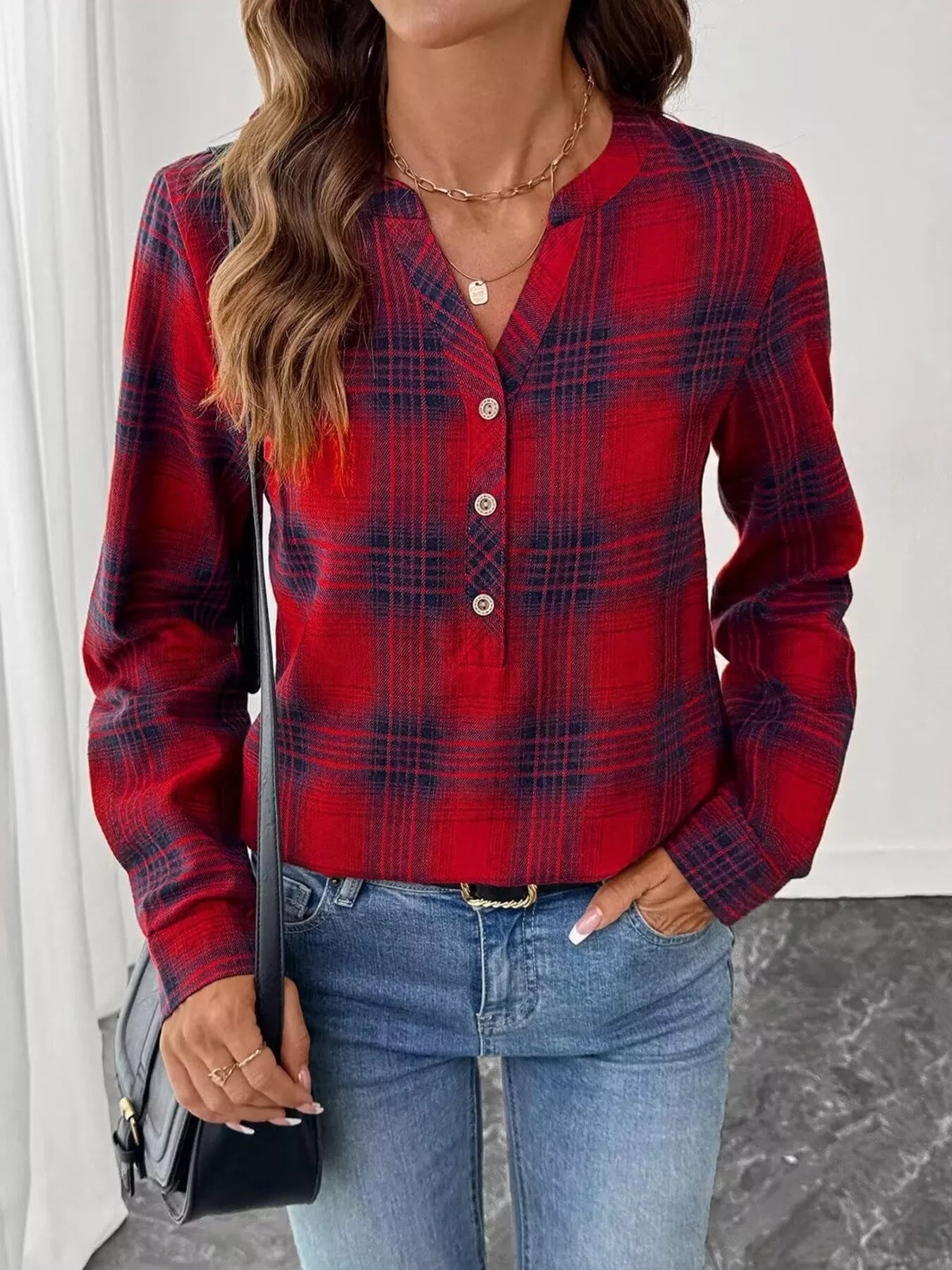 Plaid Half Button Long Sleeve Blouse