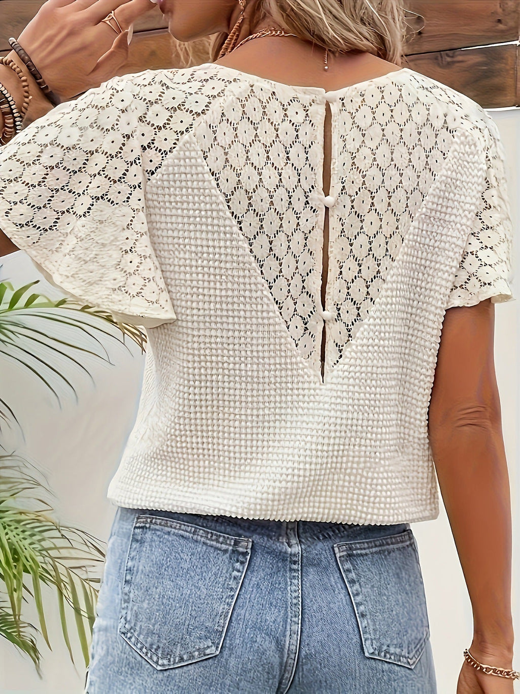 Waffle Knit Lace Sleeve V-Neck Blouse