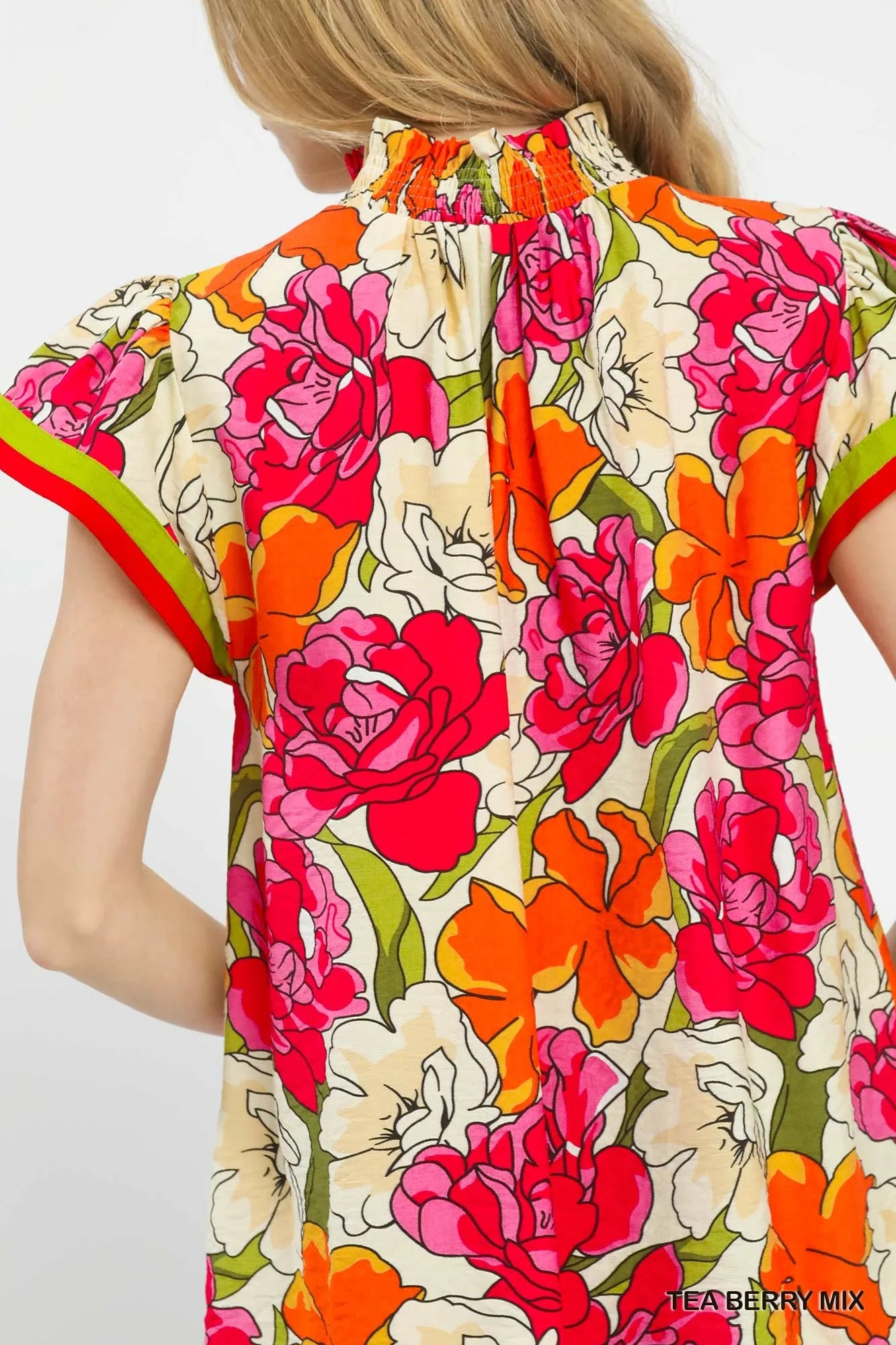 Umgee Floral Print Blouse with Contrast Trim