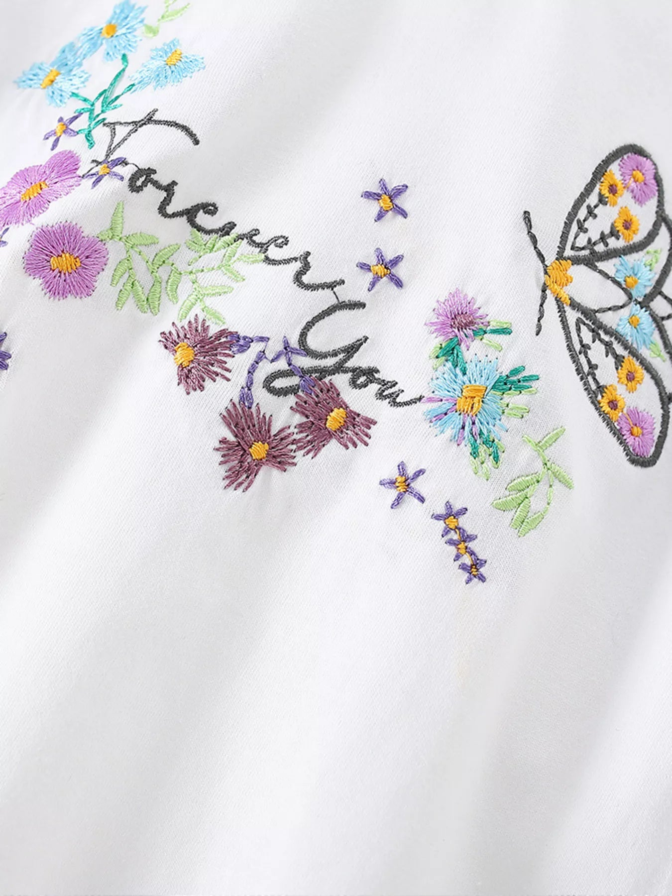 Children's Floral Butterfly Embroidered Short Sleeve T-Shirt