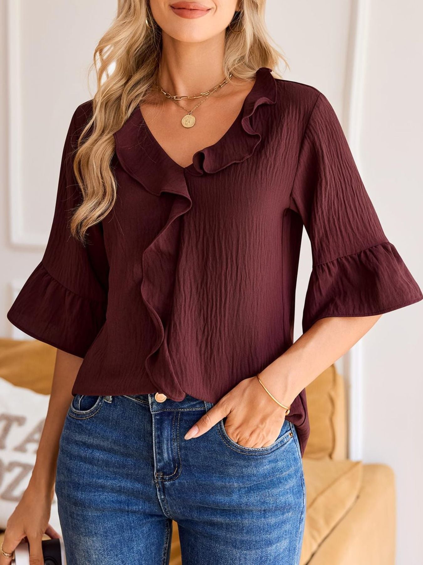 Ruffle V-Neck Flounce Sleeve Blouse