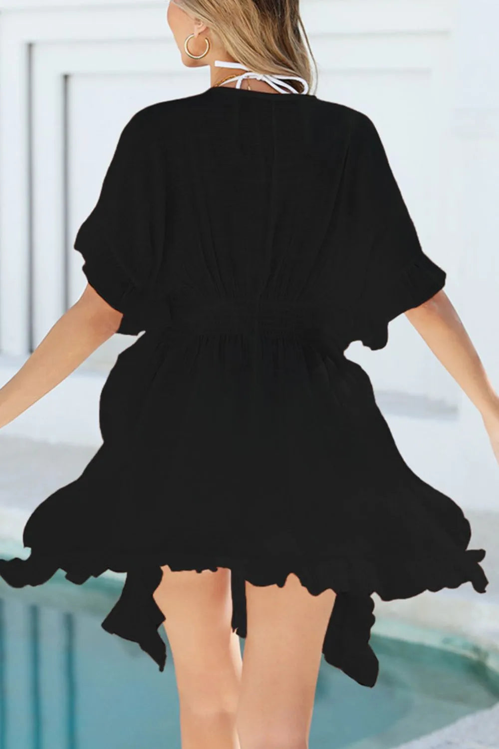 Ruffled Smocked Waist V-Neck Cover-Up
