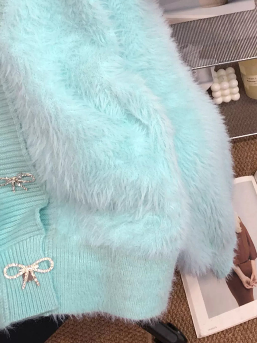 Fuzzy Bow Button Up Cardigan