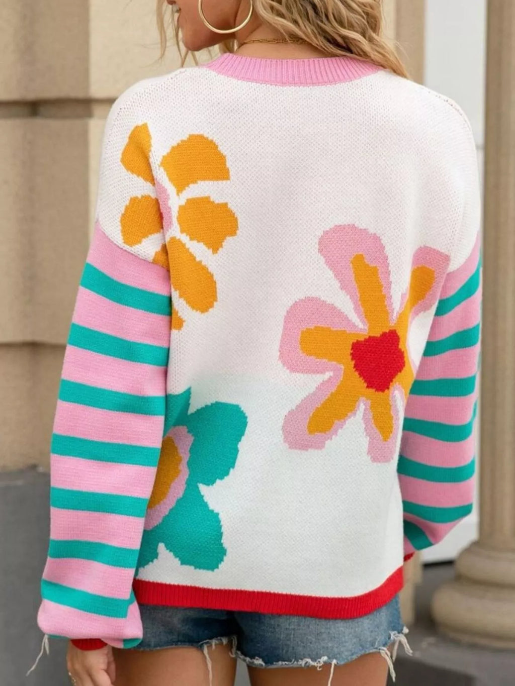 Floral Striped Crew Neck Sweater