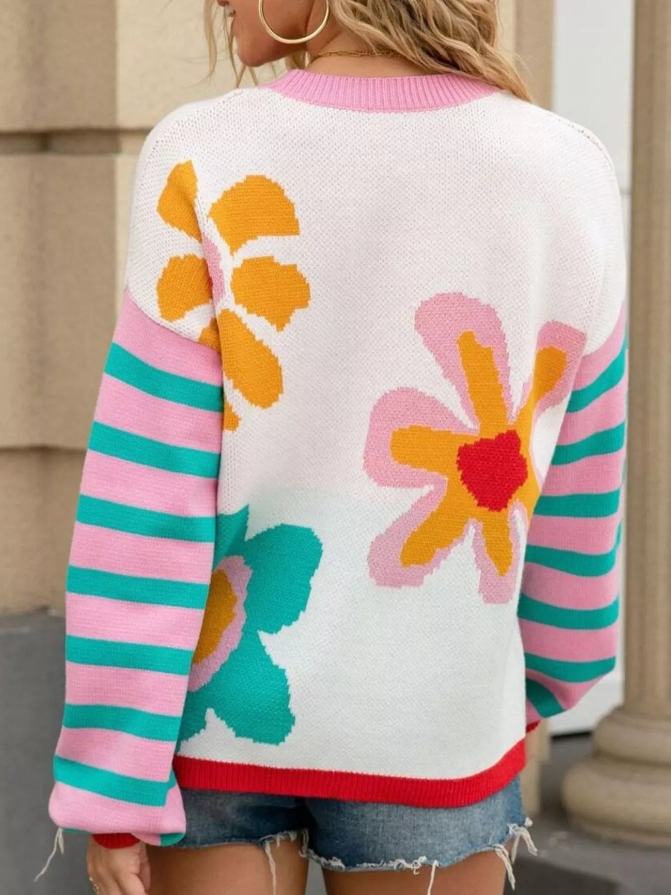 Floral Striped Crew Neck Sweater