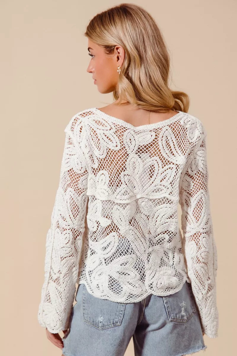 SO ME Button Front Floral Pattern Crochet Lace Cardigan
