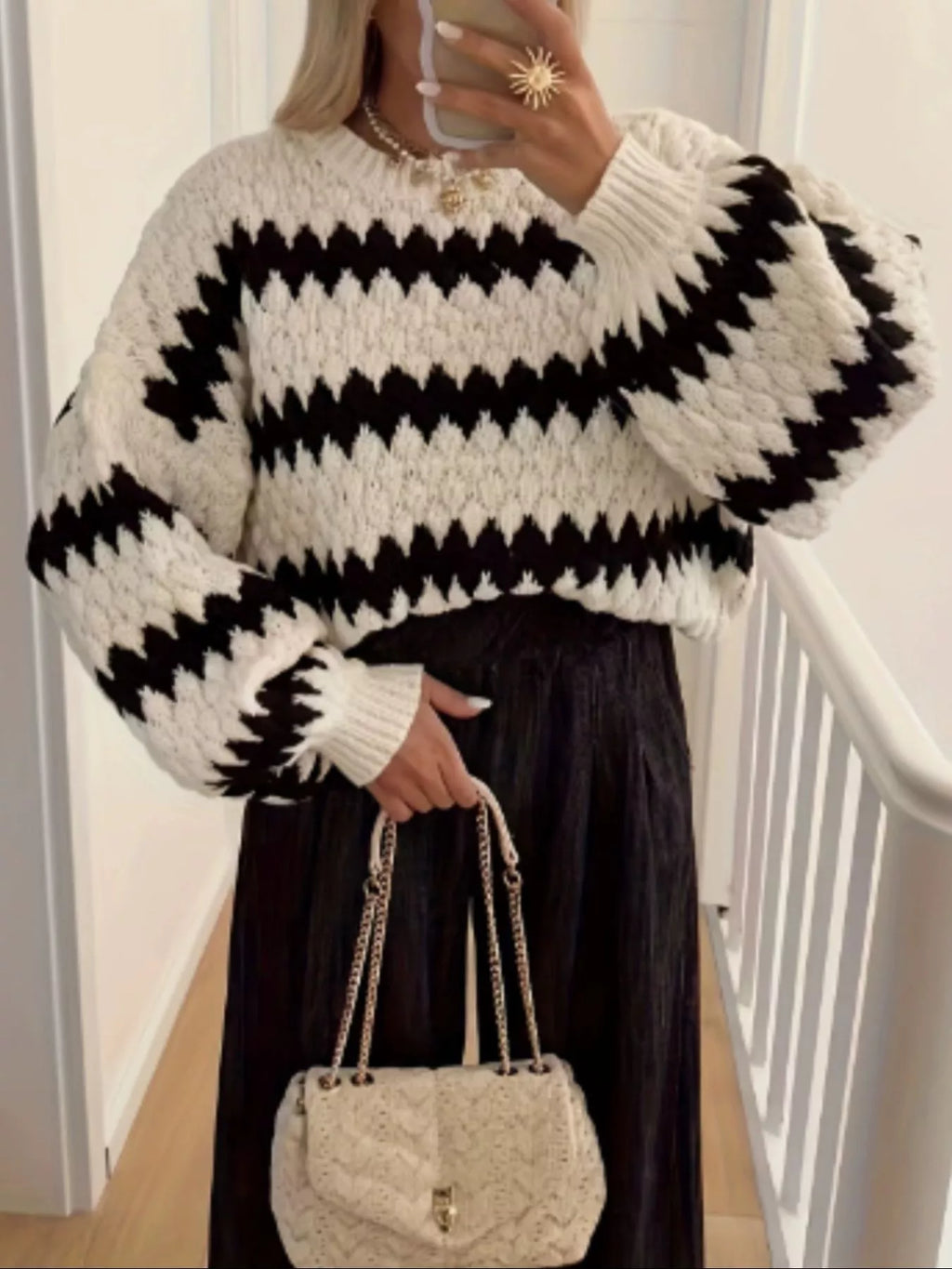Striped Round Neck Dropped Shoulder Sweater