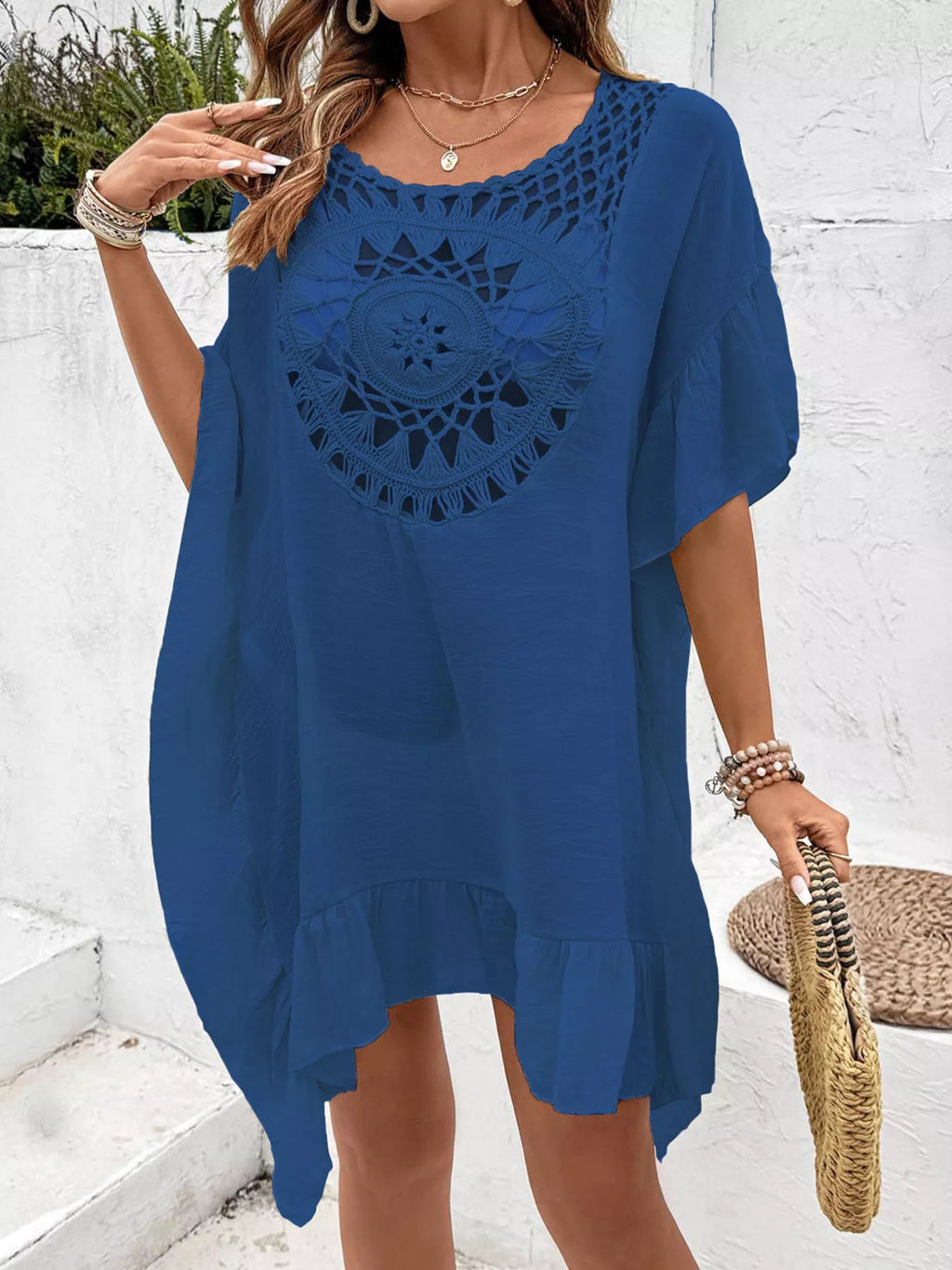 Crochet Trim Ruffled Hem Cover-Up Dress