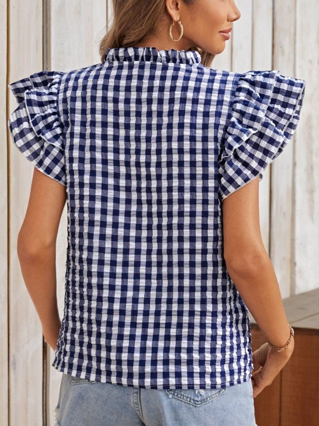 Gingham Ruffle Sleeve Blouse