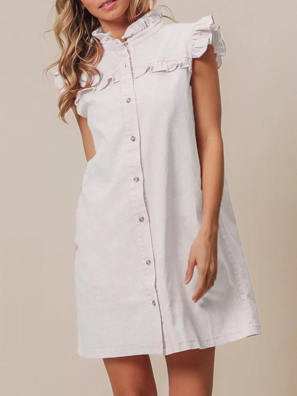 Ruffled Trim Button-Down Denim Dress