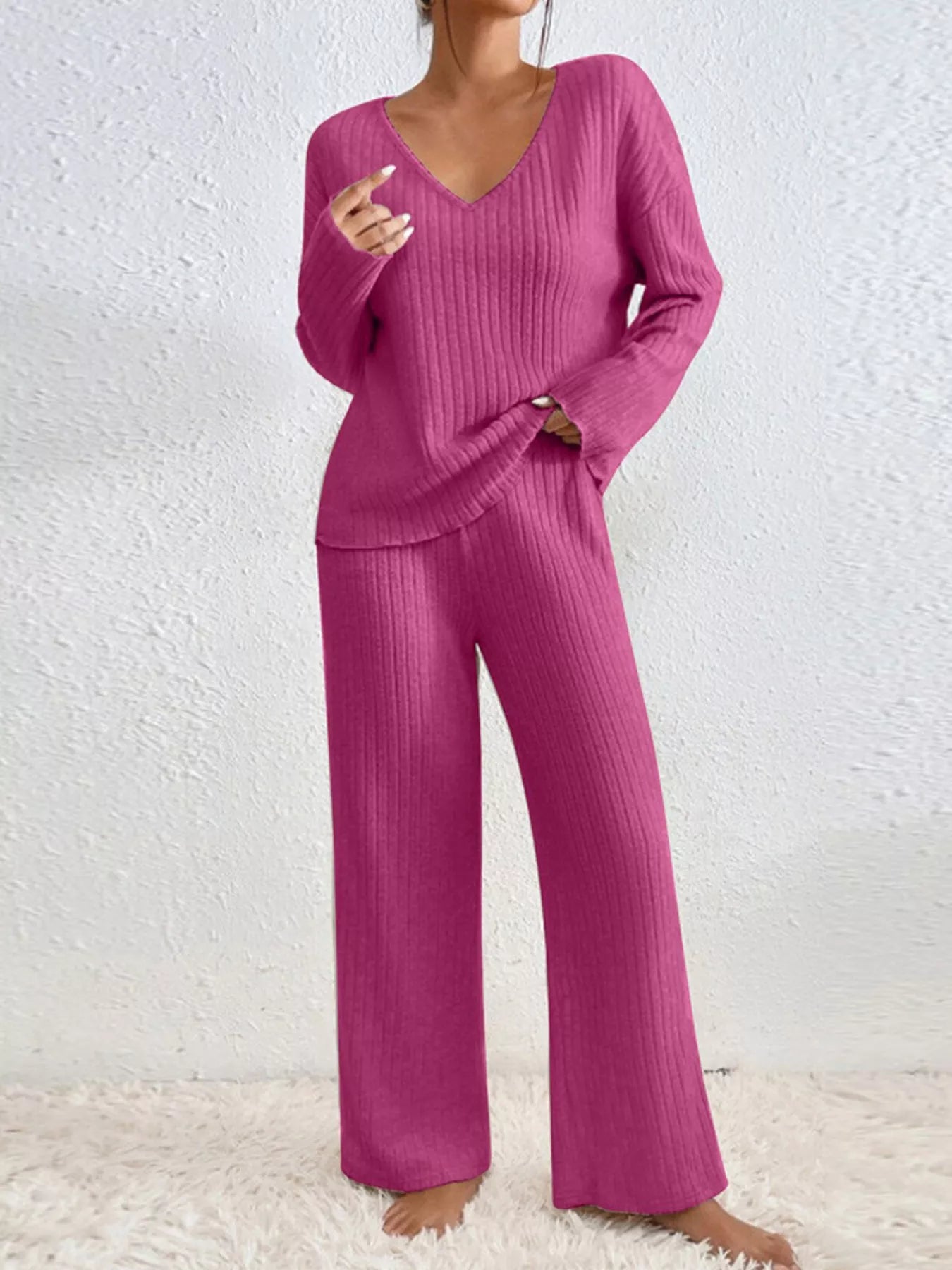 Ribbed Knit V-Neck Top and Pants Set