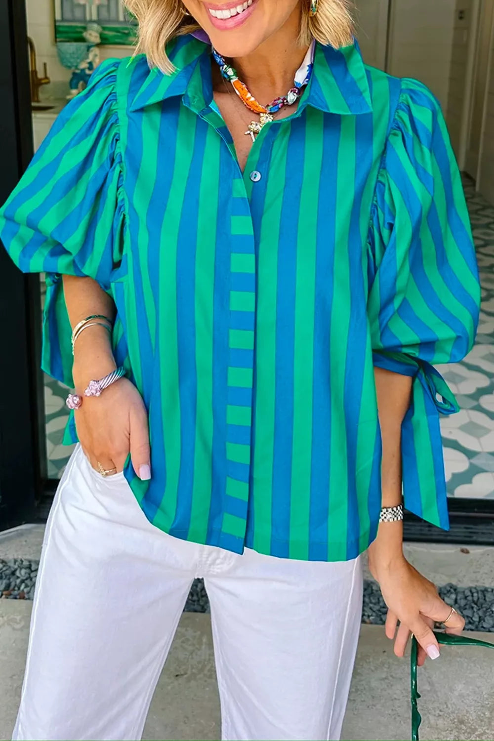 Stripe Tie Puff Sleeve Button Down Shirt