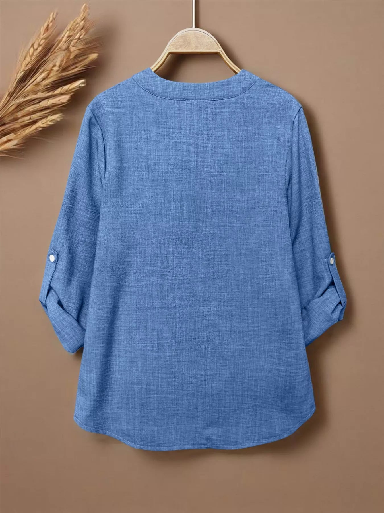 Casual Notched Roll-Up Sleeve Blouse