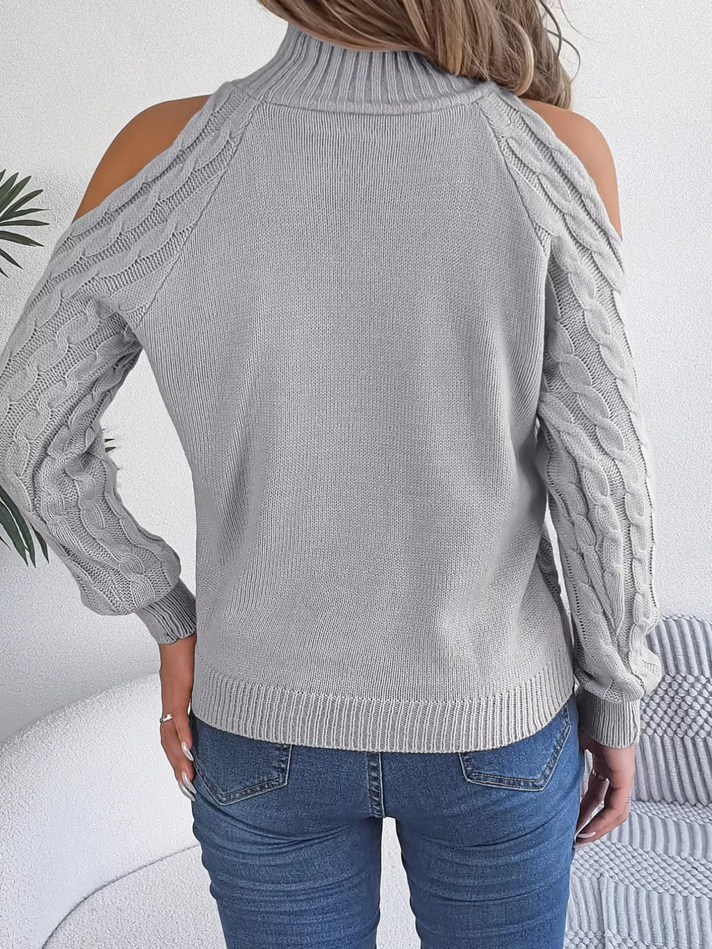 Cable Knit Cold Shoulder Turtleneck Sweater