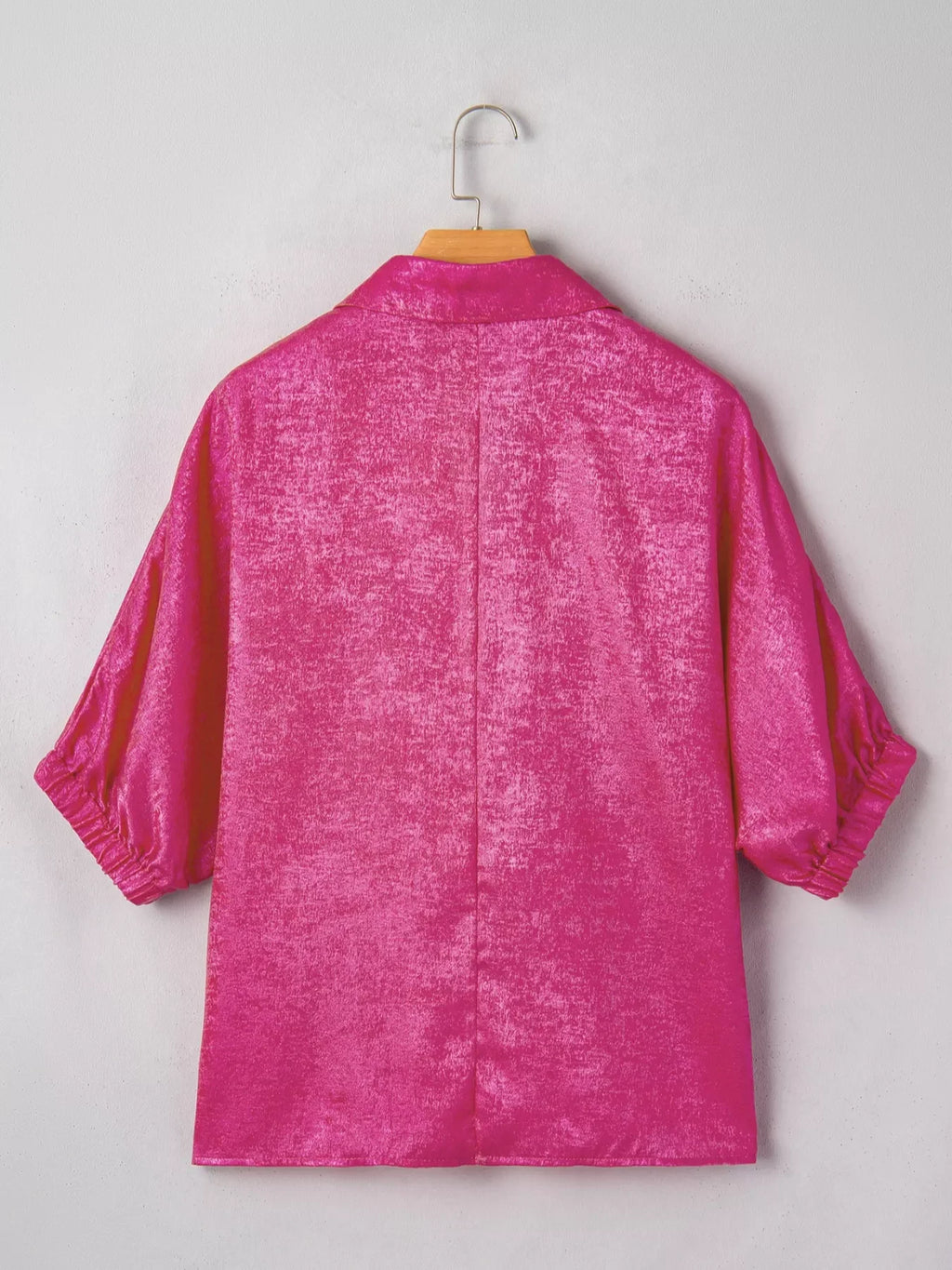 Collared V Neck Half Sleeve Metallic Top