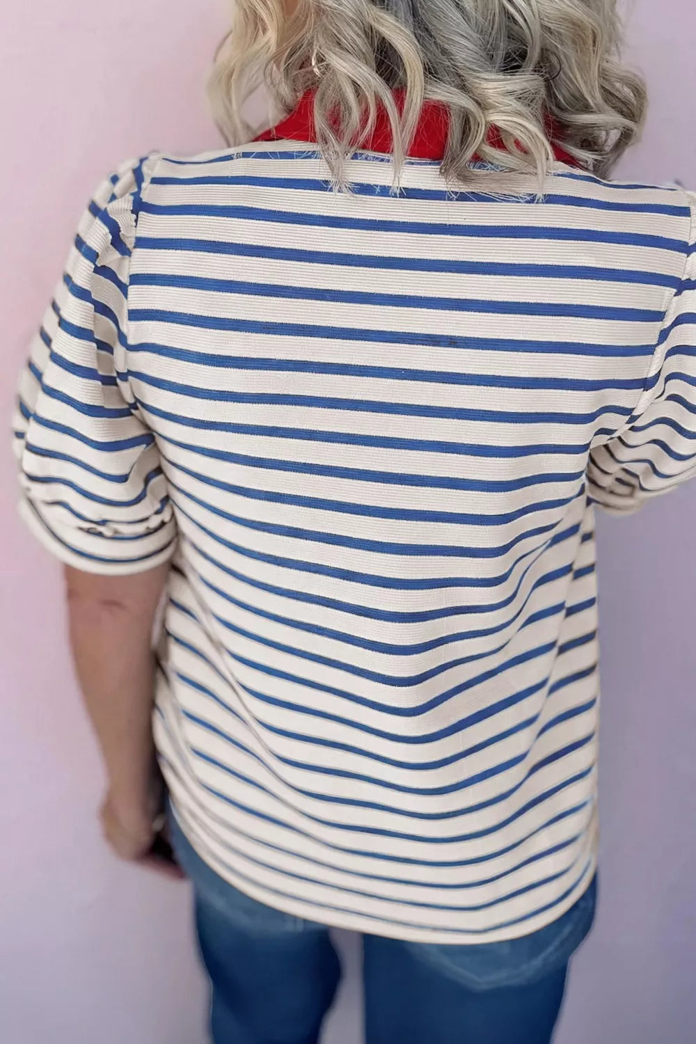 Striped Collared Neck Short Sleeve Blouse