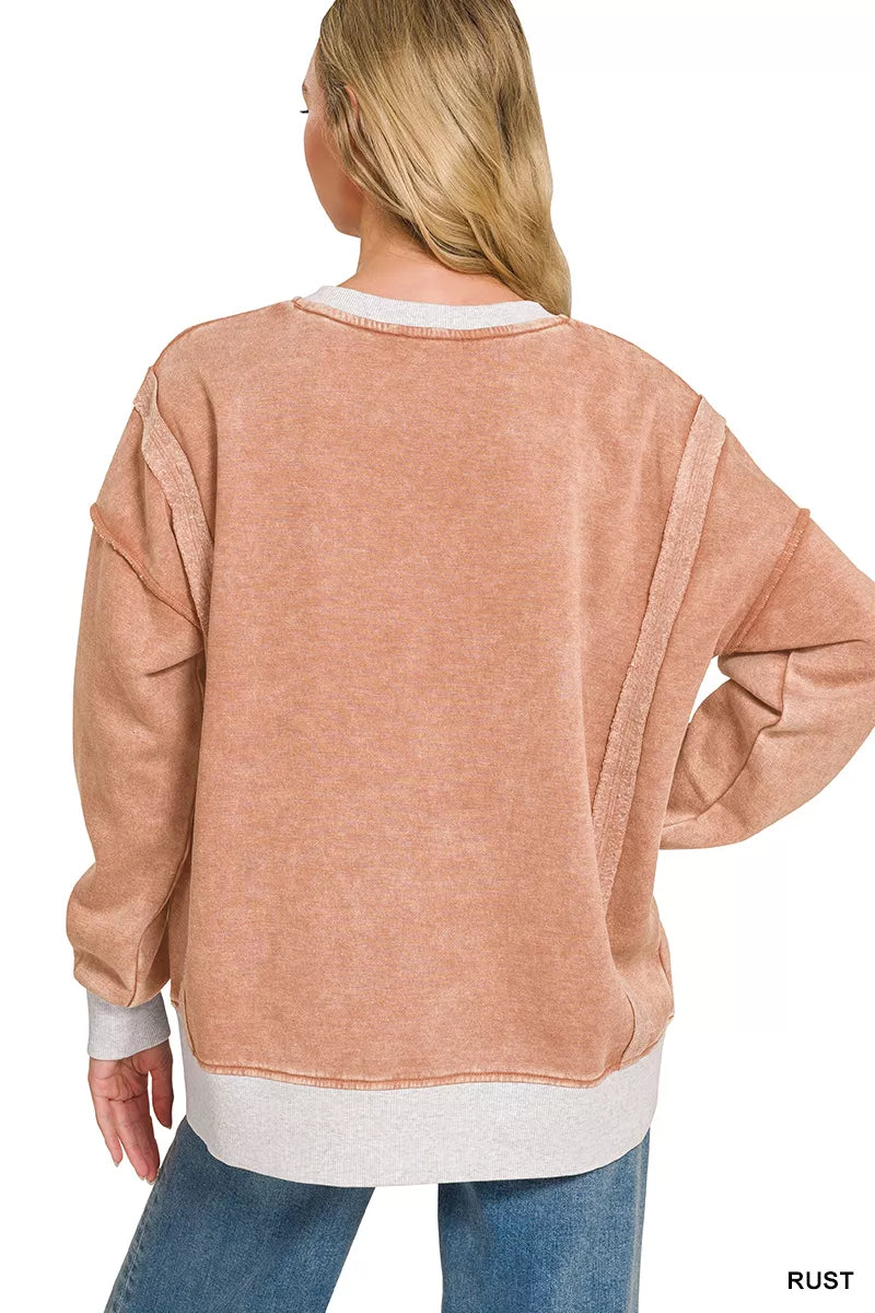 Zenana Fleece Acid Washed Contrast Trim Sweatshirt