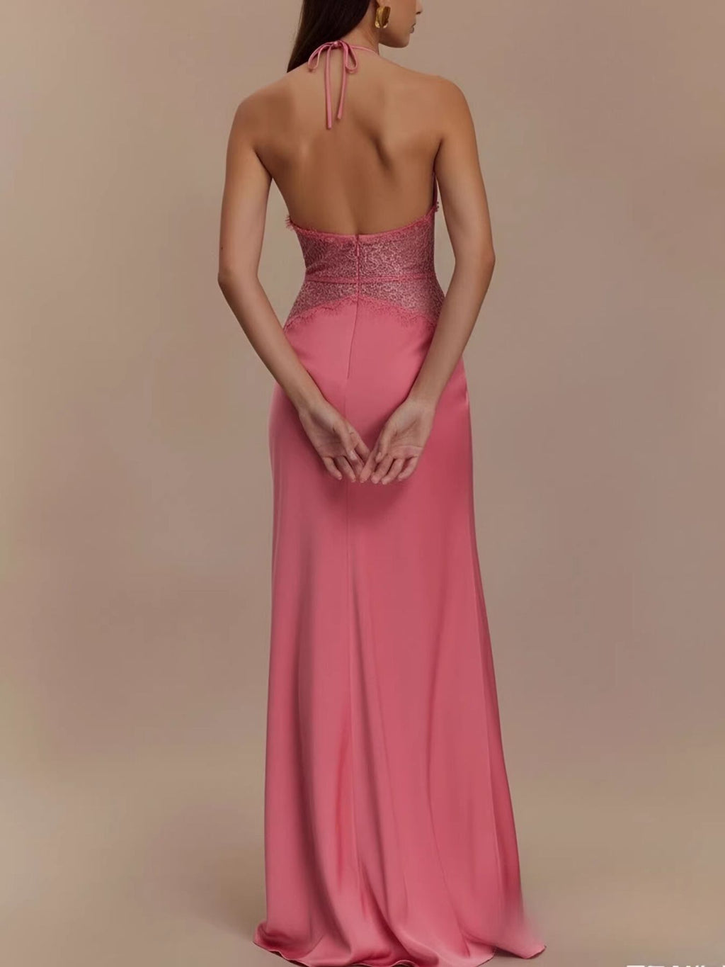 Halter Neck Lace Trimmed Maxi Dress