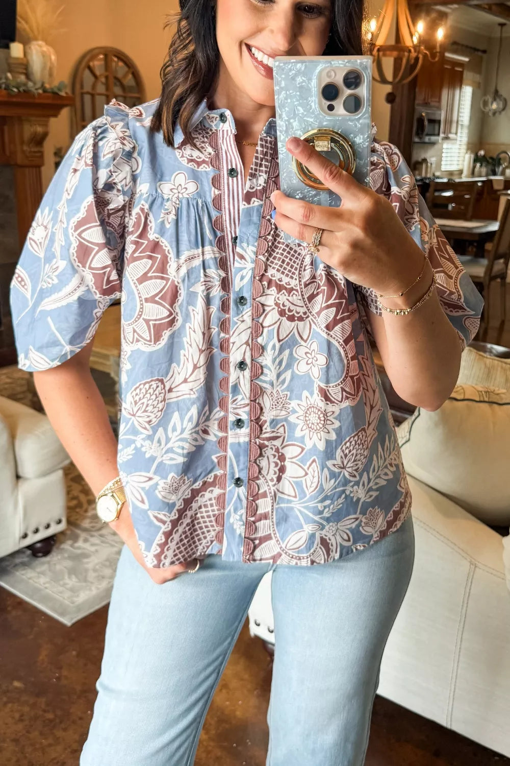 Floral Print Scalloped Trim Button Down Short Sleeve Shirt