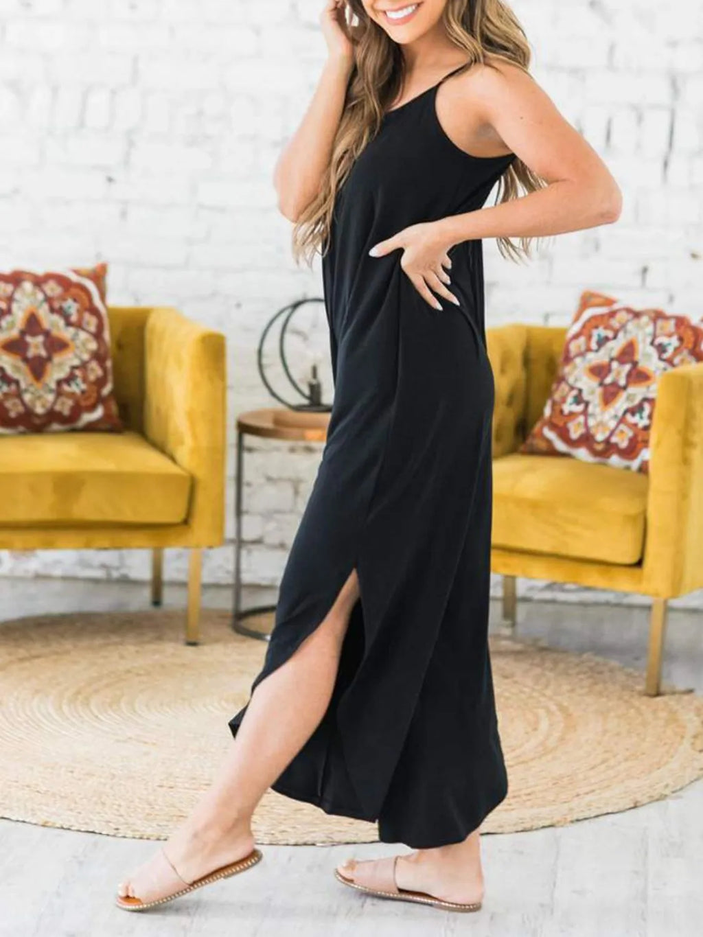 Slit Spaghetti Strap Jumpsuit with Pockets