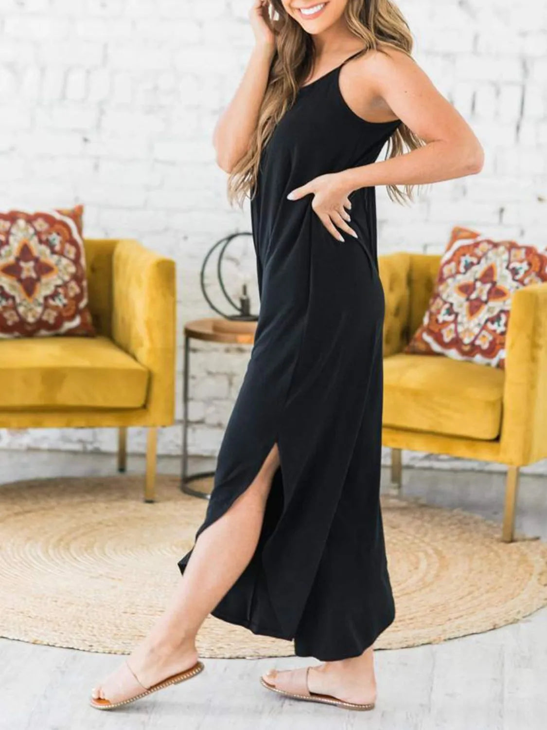 Slit Spaghetti Strap Jumpsuit with Pockets
