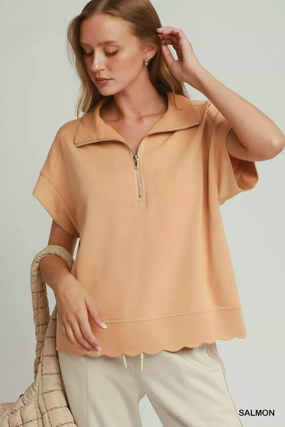 Umgee Half Zip Pullover with Scalloped Edge Hem