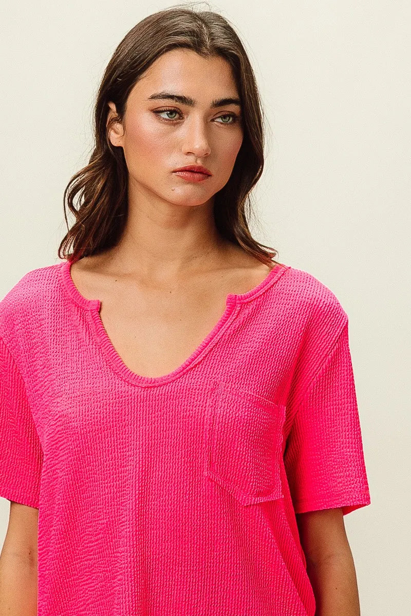 BiBi Waved Rib U Neck Top With Front Pocket