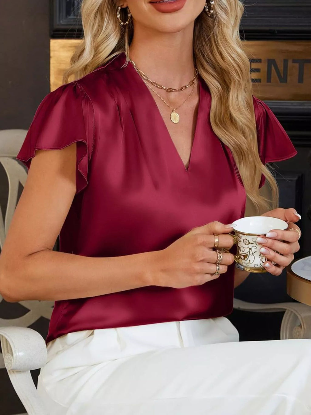 Satin V-Neck Flutter Sleeve Blouse