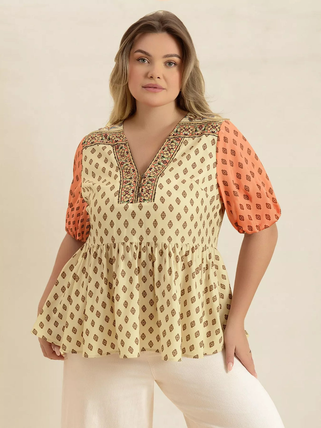 Plus Size Printed Short Sleeve Peplum Blouse