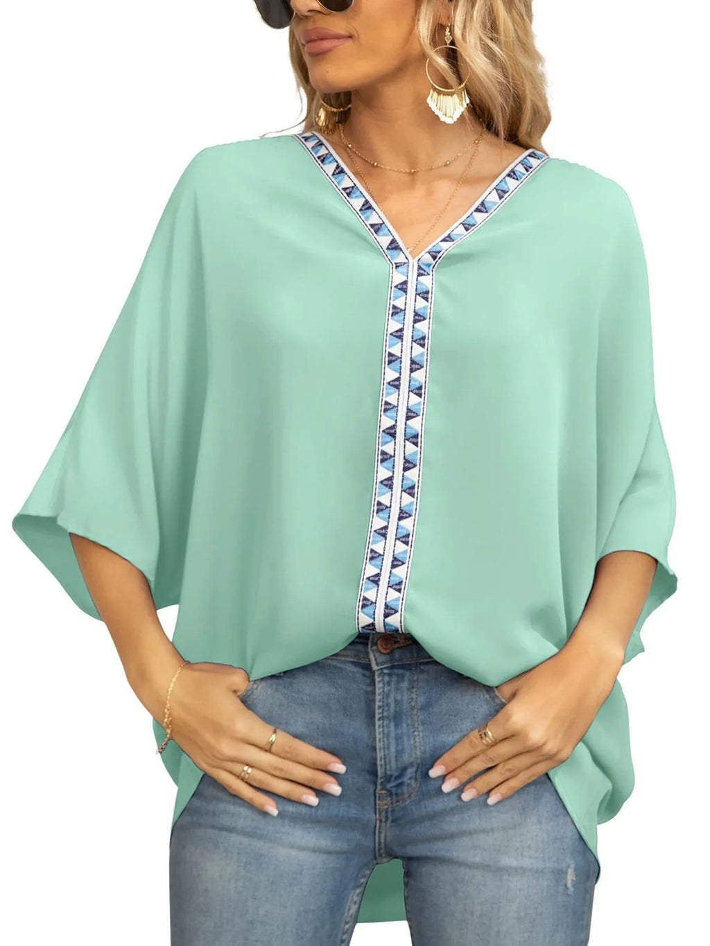 Oversized Contrast V-Neck Half Sleeve Blouse