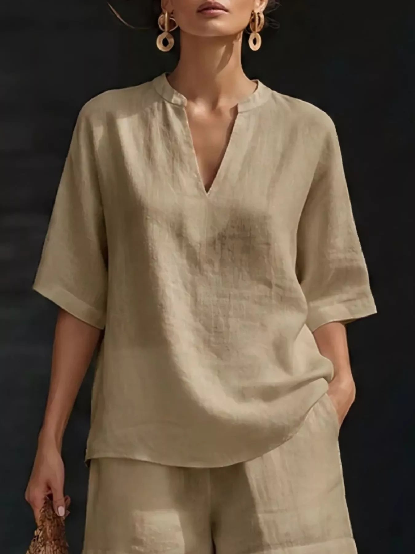 Full Size Notched Half Sleeve Top and Shorts Set Plus Size