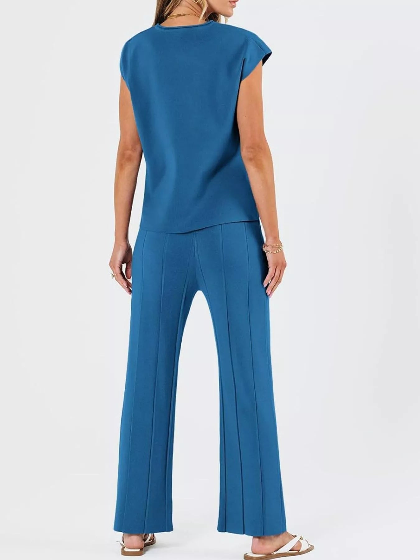 Casual Solid Color Cap Sleeve Top and Pants Knit Set
