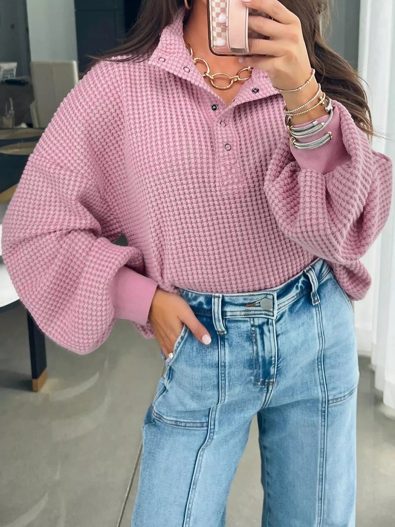 Textured Snap Button Collared Baggy Top
