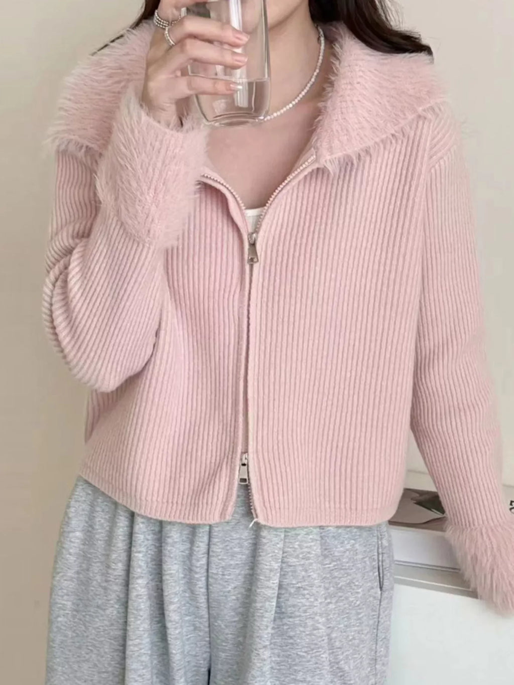 Fluffy Trim Zip-Up Cardigan