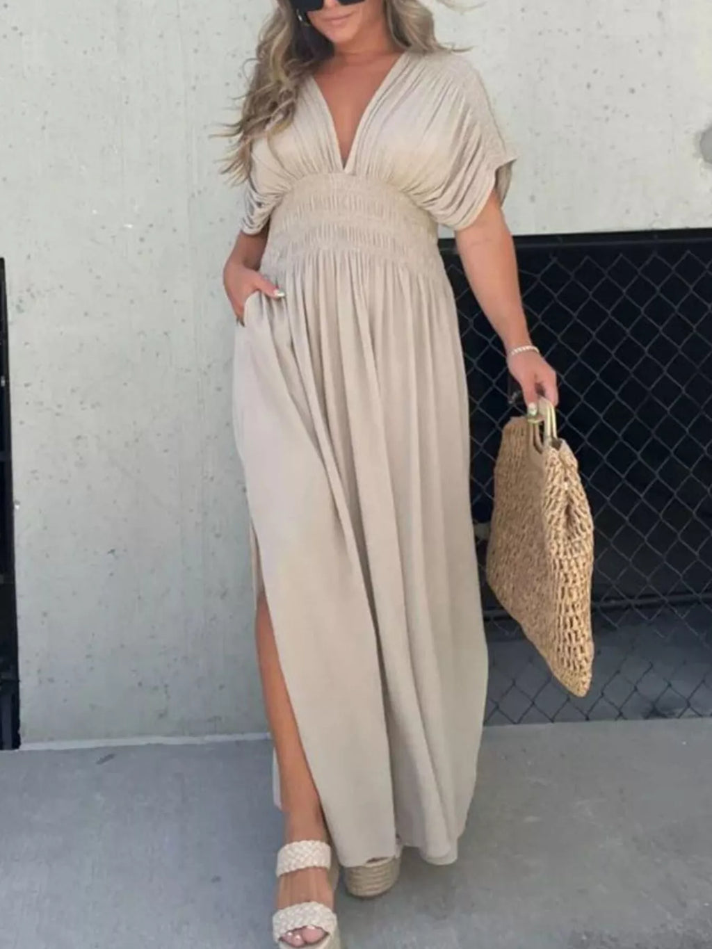 Full Size Slit V-Neck Smocked Waist Maxi Dress Plus Size