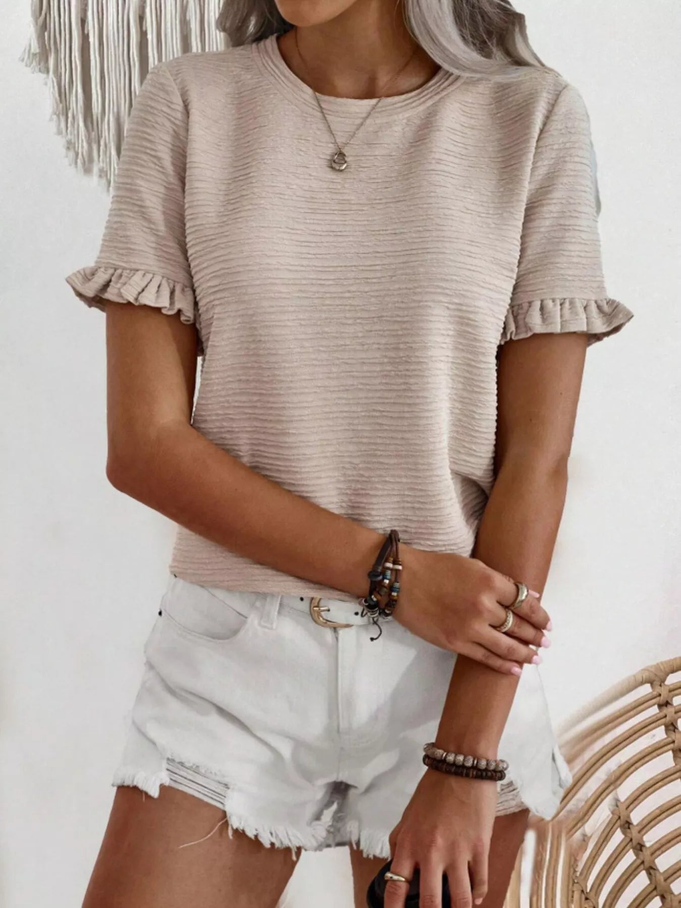 Textured Ruffle Sleeve Round Neck T-Shirt