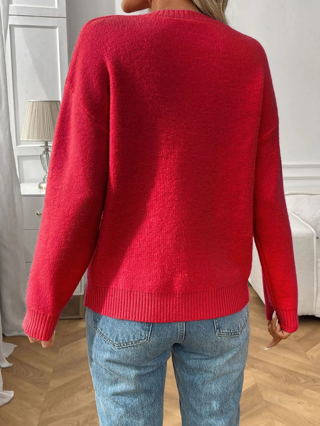 Bow Graphic Ribbed Hem Round Neck Sweater