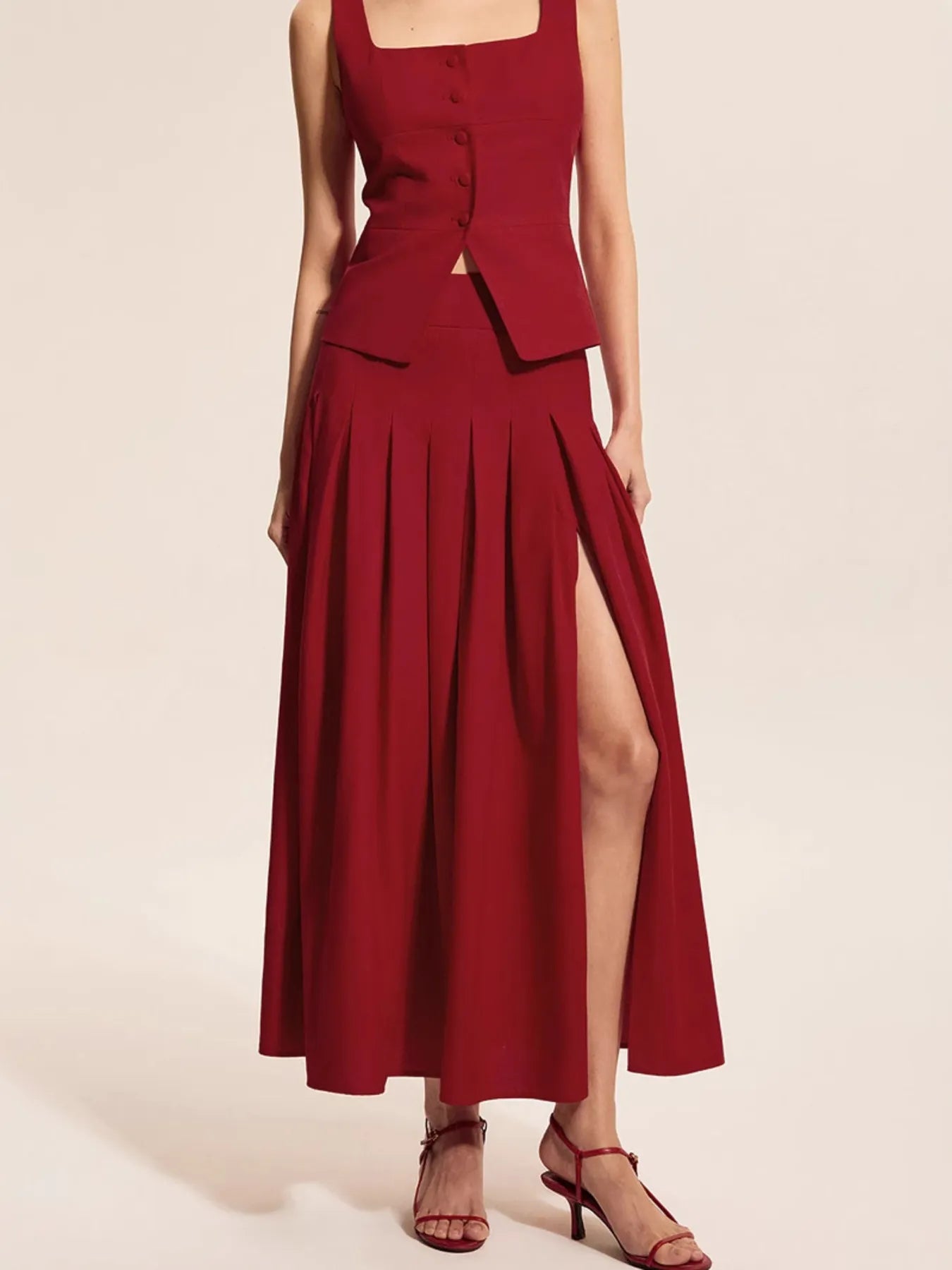 Square Neck Tank and Pleated Slit Skirt Set