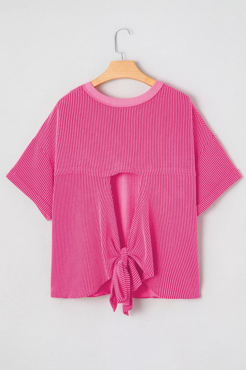 Spiral Ribbed Cutout Bow Knot Back Oversize Top