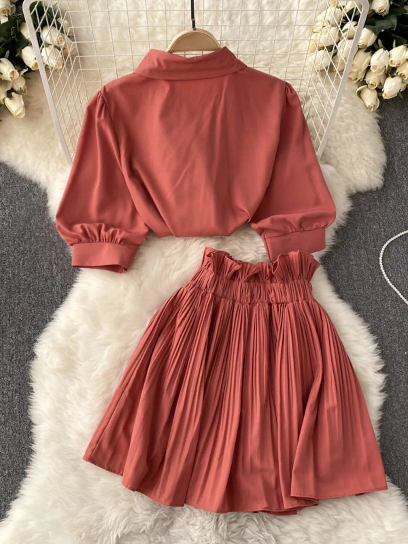 Puff Sleeve Shirt and Pleated Skirt Set