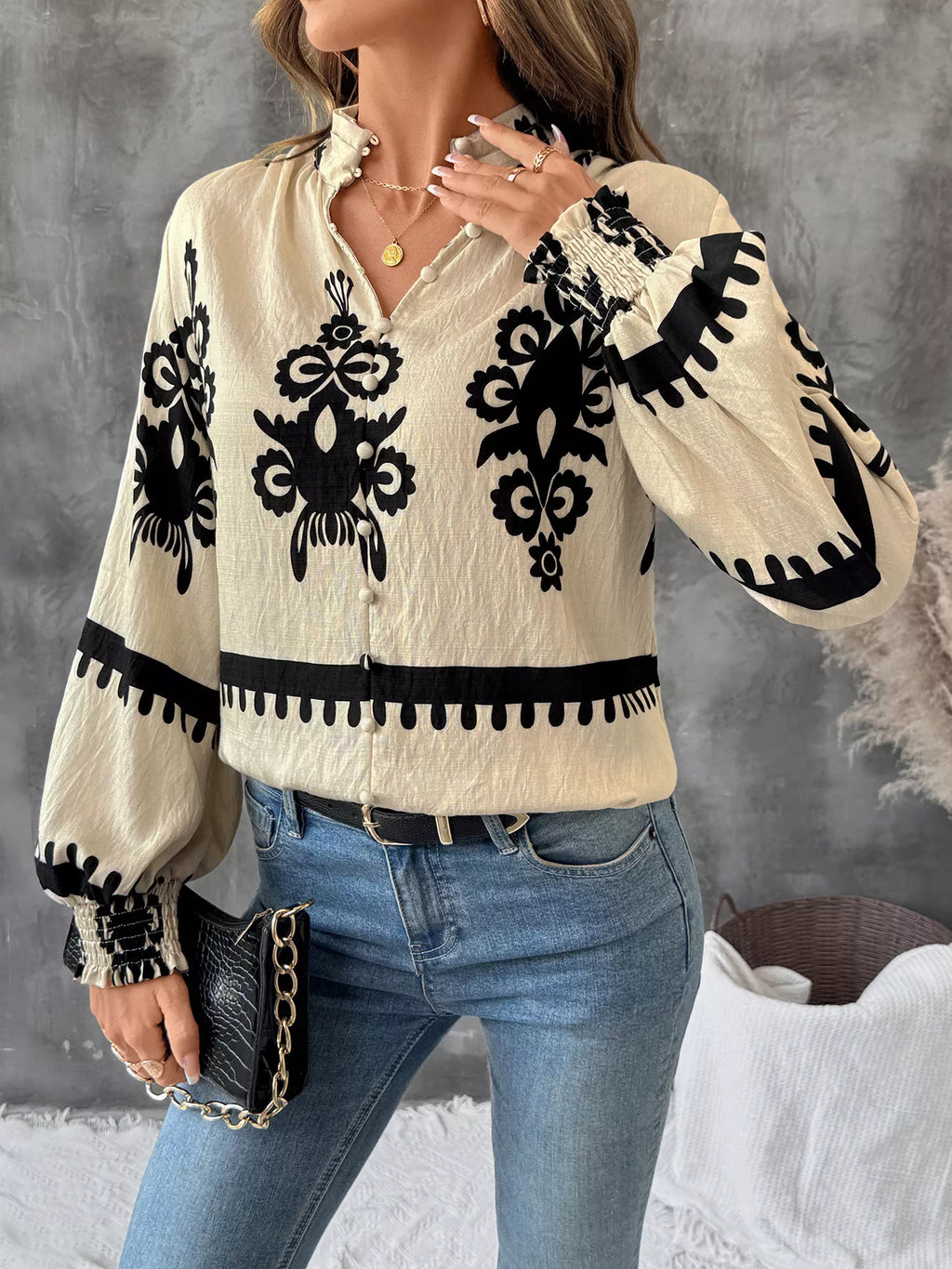 Printed Notched Lantern Sleeve Blouse
