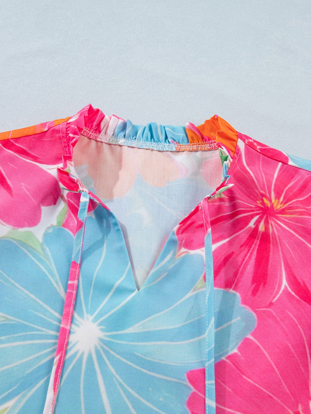 Flower Printed Tie V Neck Ruffle Trim Sleeveless Blouse