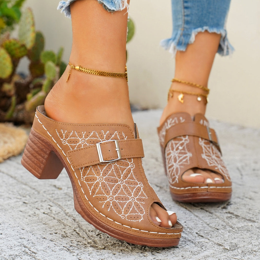 Buckle Decor Block Heel Sandals