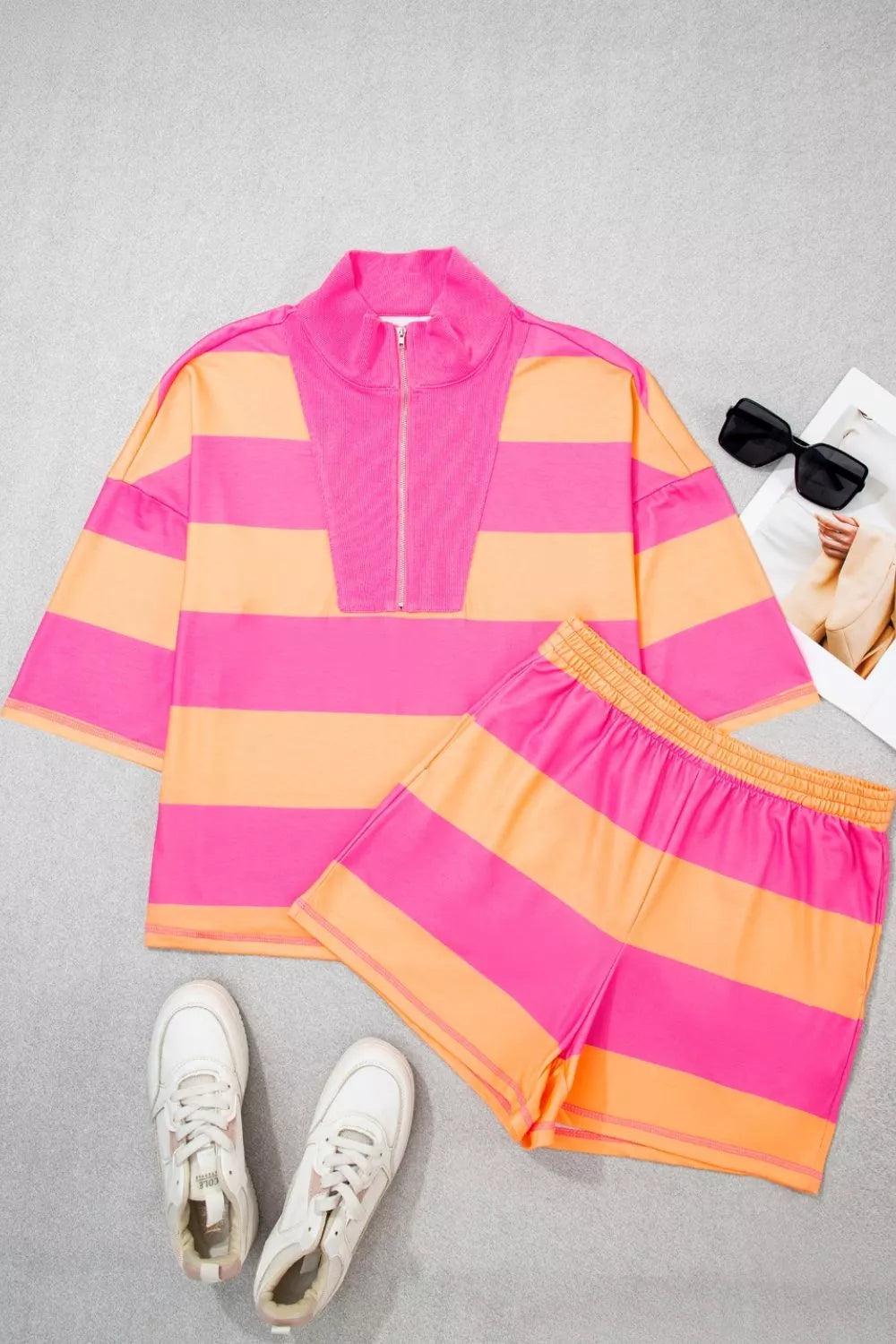 Stripe Long Sleeve Casual Top Drawstring Shorts 2pcs Set