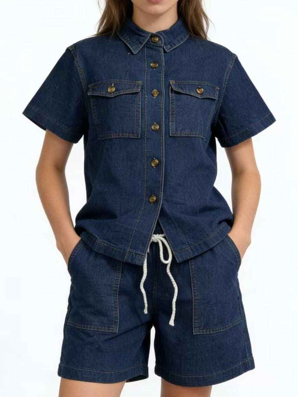 Button Up Short Sleeve Top and Shorts Denim Set