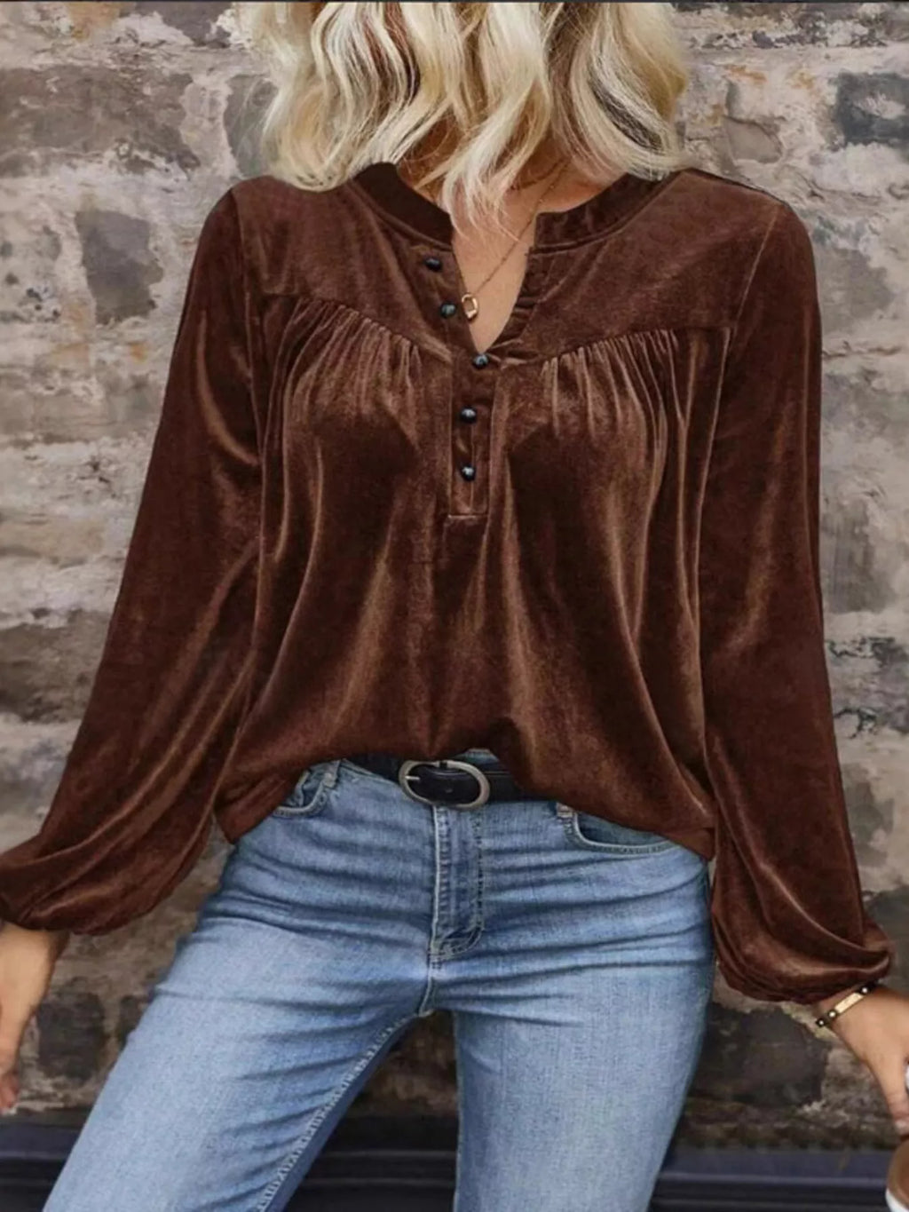 Velvet Notched Long Sleeve Blouse
