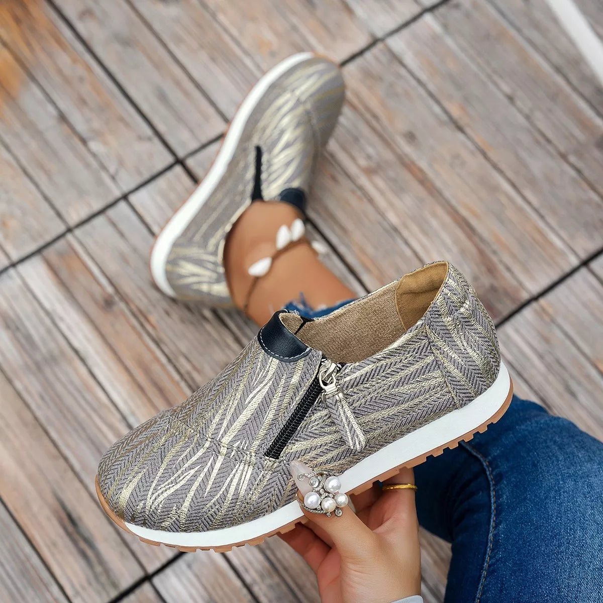 Round Toe Zipper Detail Slip-Ons
