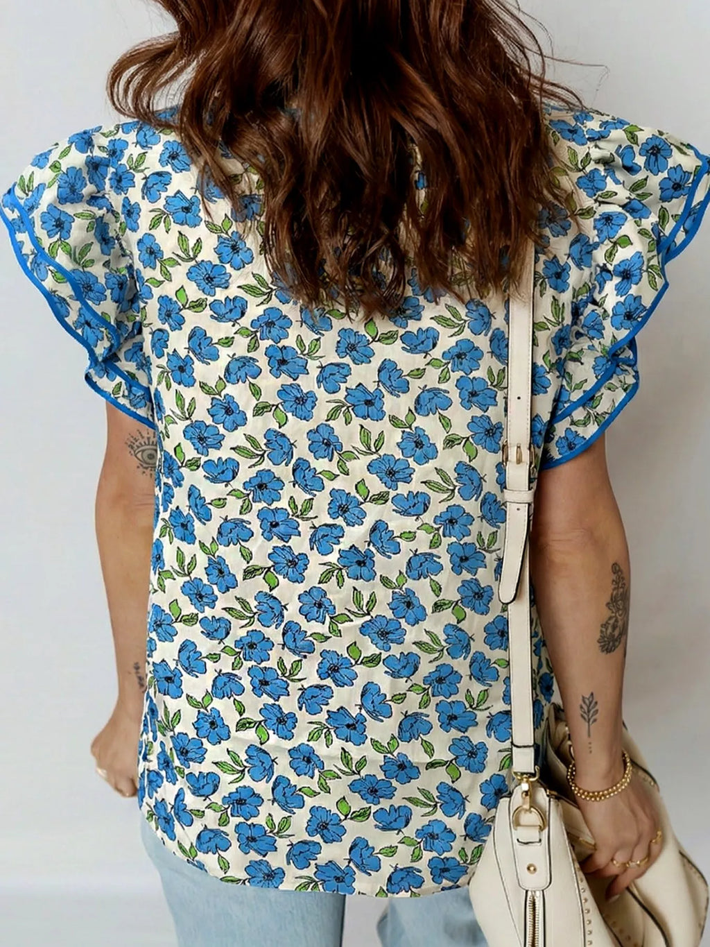 Floral Print Ruffle Sleeve Tie Neck Blouse