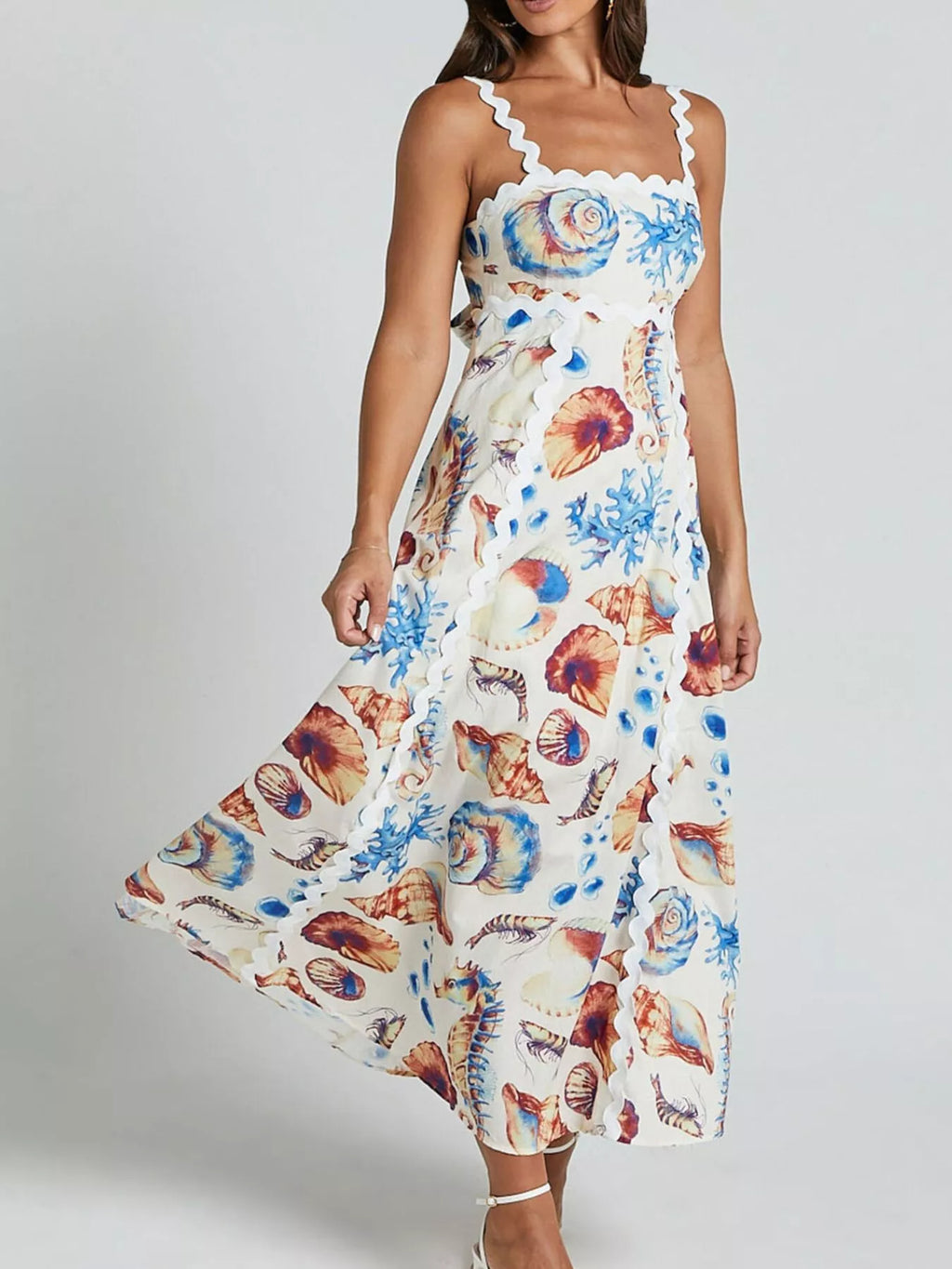 Seashell Print Scalloped Midi Dress