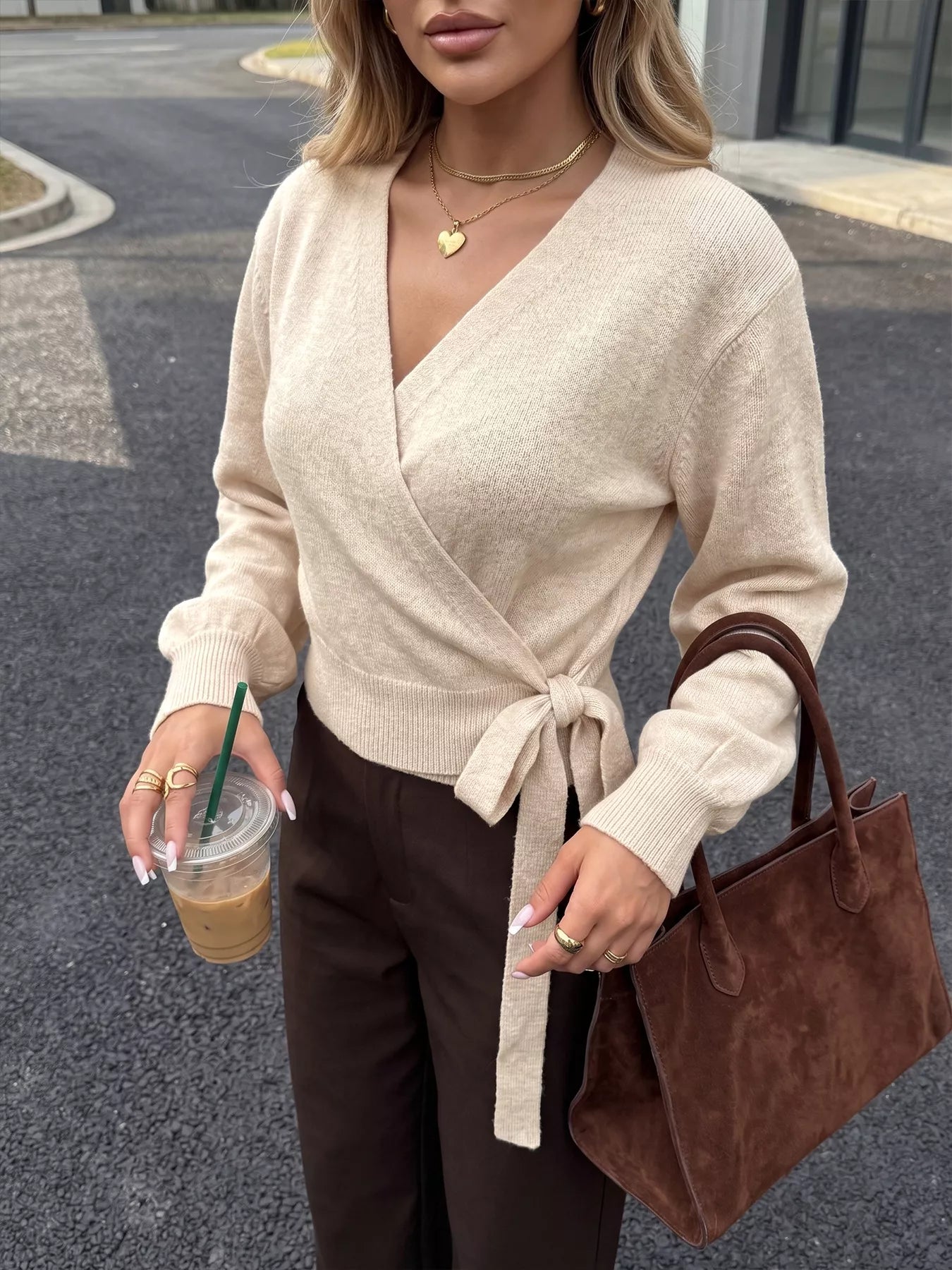 Tied Surplice Long Sleeve Sweater